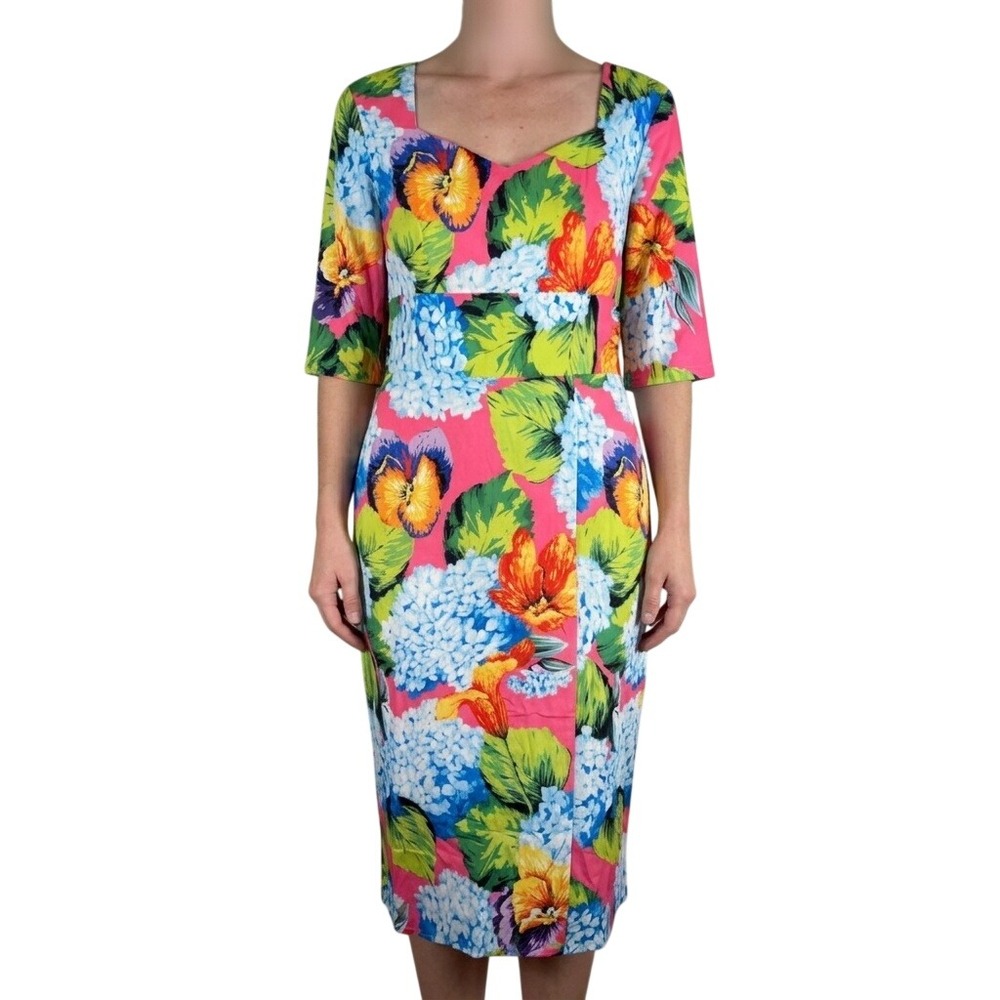 Kaimilan Womens Size 10 Colorful Floral Sweetheart Neck Summer Midi Sheath Dress